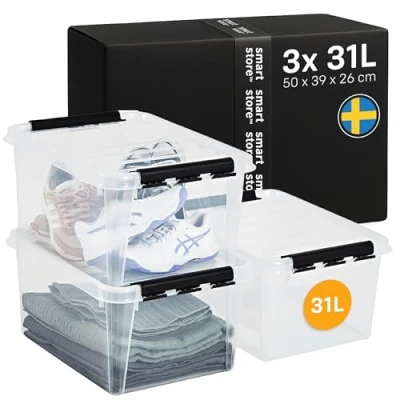 Image of SmartStore 32L Clear Plastic Storage Boxes, 3 Pack, Reinforced, 10 Year Guarantee, Food Safe, Clip Locked, Stackable and Nestable, BPA Free L50 x W39 H26 cm