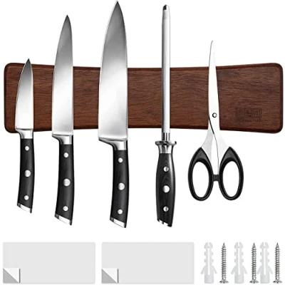 Image of HOSHANHO Magnetic Knife Holder for Wall, Rack in Wood with Extra Strong Magnet, Magnets Strip Use as Bar, Kitchen Utensil Organizer, 25cm