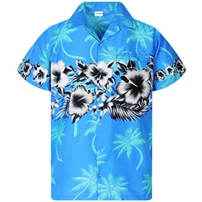 Image of King Kameha Classic Modern Hawaiian Shirt for Men Front Pocket Casual Aloha Shirts, Flower Chest, Turquoise, 6XL