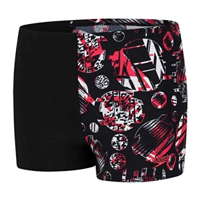 Image of Speedo Glitchamp Allover 1 Leg Aquashort Swimsuit, Children, boys, Swim Briefs, 8 33162D834, black/lava red/White, 13 14