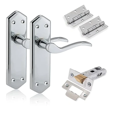 Image of XFORT Chrome Elegance Range Polished London Suite Lever Latch Door Pack, Complete Set with Handles, 65mm Tubular and 75mm Ball Bearing Hinges, for Internal Wooden Doors.
