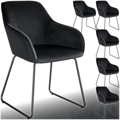 Image of TecTake® Set of 6 Dining Chairs with Soft Velvet Look Covers &amp; Curved Steel Frames, Armchair Plush Padding Ergonomic Backrests, Ideal as Room, Kitchen Desk Chair Black