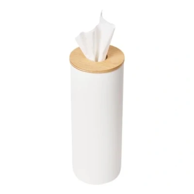 Image of Yamazaki 5982 RIN Round Tissue Case L, white, Steel/Wood/Silicone, Minimalist, 9.2 x 23.8 cm