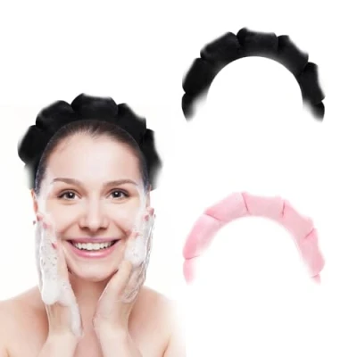 Image of SYEYCW 2 Pcs Spa Headband for Women Sponge, Soft Terry Towel Cloth Fabric Head Band, Cute Puffy Makeup Headband, Skincare, Face Washing, Removal, Workout, Shower, Facial Mask (Black, Pink)