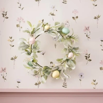 Image of Lights4fun 40cm Artificial Pastel Easter Egg Spring Wreath for Front Door and Indoor Wall Decoration