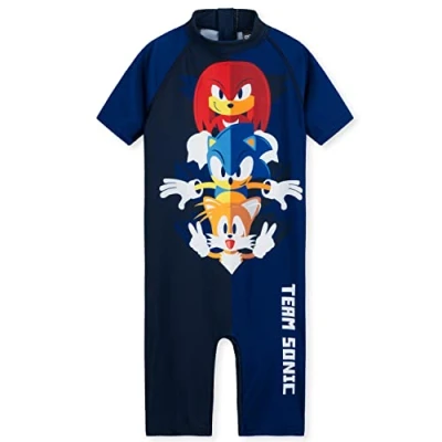 Image of SONIC THE HEDGEHOG Boys Swimming Costume Summer Holiday Essentials for Kids Childrens Swimwear 3 10 Years Short Sleeve Full Body Swimsuit with Zip Beach Pool (Dark Blue, 4 5 Years)
