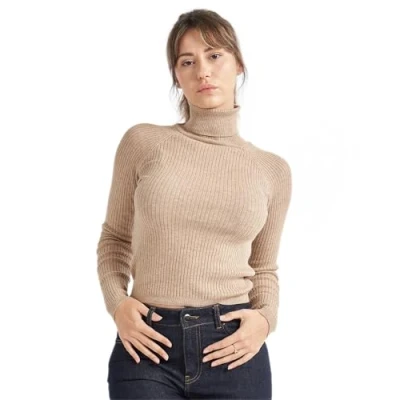 Image of alsestudio Women`s Turtle Neck Jumper Premium Quality Silk Touch Long Sleeve Soft Ribbed Pullover Essential Knitted Roll Sweaters Beige, L