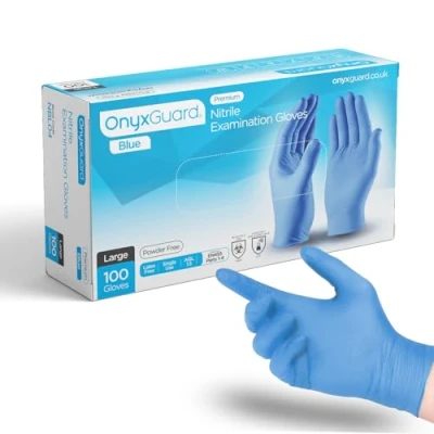 Image of OnyxGuard Blue Premium Medical Nitrile Examination Gloves Box of 100 Disposable, Powder Free, Latex Multi Purpose, Single Use, Dentist Gloves. (Medium)