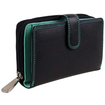 Image of Quality Ladies Soft Leather Two Tone PURSE WALLET by Visconti; Colorado Gift Boxed (Black &amp; Aqua)