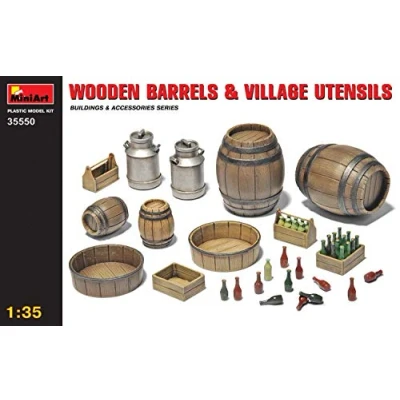 Image of MiniArt 1:35 Scale Wooden Barrels &amp; Village Utensils Plastic Model Kit,Multicolor,Small