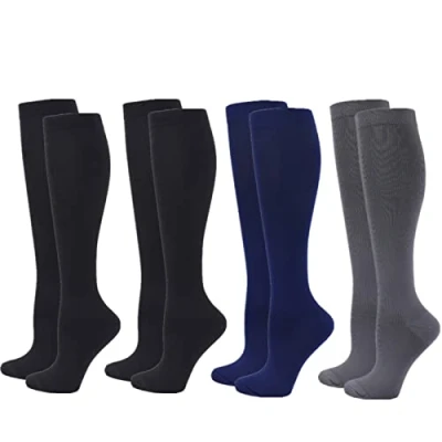 Image of Compression Socks for Women Men, 4 Pairs 20 25mmHg Flight Stockings Sport, Athletic, Edema, Diabetic, Varicose Veins, Travel, Pregnancy, Nursing (S/M, Black Blue Grey)