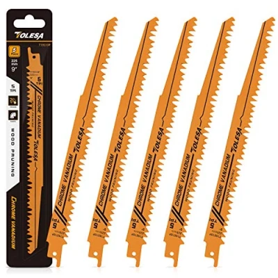 Image of TOLESA Wood Pruning Reciprocating Saw Blades 225mm 5TPI Sawzall Green Construction Cutting and PVC Pipe CRV Sharp Ground Teeth for Quick Sabre 5 Pack