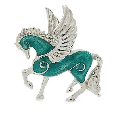 Image of Avalaya Small Green Enamel Pegasus The Winged Horse Brooch in Rhodium Plating 35mm Across