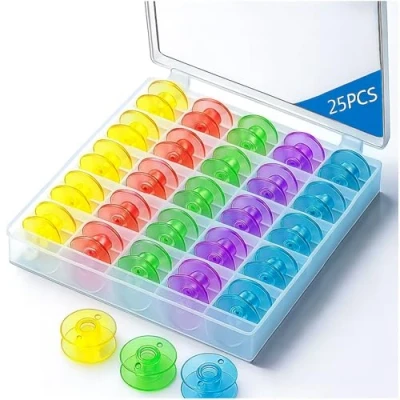 Image of 25 Colourful Bobbin Spools + Bobbins Case Organiser by UMTMedia® Sewing Machine Clear Box Storage for Brother Singer Janome Elna Toyota Bernina