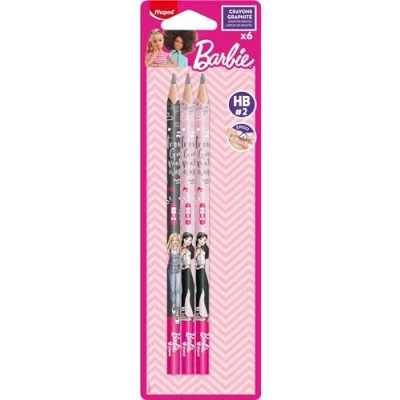 Image of Maped Barbie HB Pencil with Eraser Head Pack of 6 Wooden Pencils Ergonomic Shape