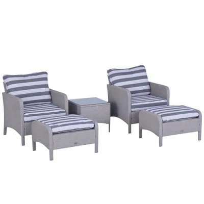 Image of Outsunny 5 Pieces PE Rattan Garden Furniture Set with 10cm Thick Padded Cushions, Wicker Weave Outdoor Seating Chairs 2 Armchairs, Stools, Glass Top Table, Grey and White