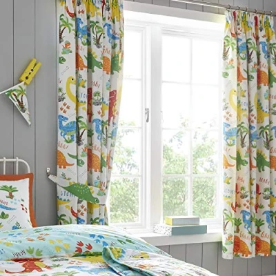 Image of Happy Linen Company Girls Boys Kids Cute Dinky Dinosaurs White 66&quot; x 54&quot; Ring Track Pole Fully Lined Thermal Blackout Pencil Pleat Curtain Set