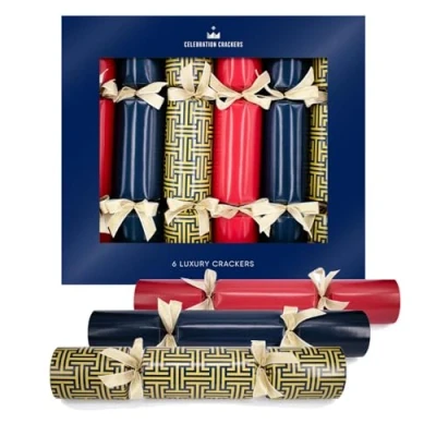Image of Celebration Crackers 6 x 13 Inch Luxury Eco Christmas Regency Red &amp; Navy Gatsby Design, FSC Certified, Reusable Metal Gifts, Recyclable Packaging