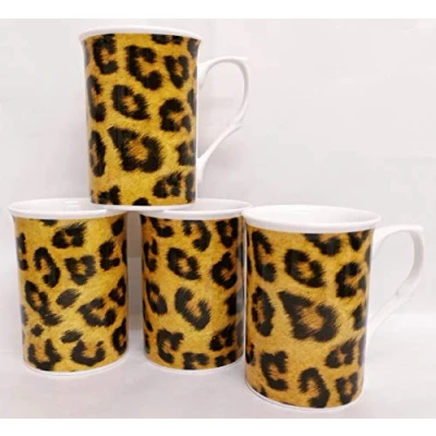 Image of Leopard Brown Mugs Set 4 Fine Bone China Animal Print Cups Hand Decorated UK