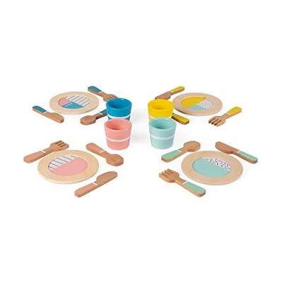 Image of Janod Wooden 20 Pieces Dinner Set, Retro Design Imitation Game Cooking Teaches Fine Motor Skills and Imagination Ages 3 Up, J06600, White