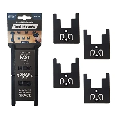 Image of StealthMounts Tool Mounts Cordless Holders Compatible with Bosch 18v Power Tools 4 Pack Black Organisers Made in the UK