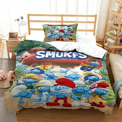 Image of CIFEAR Kids Duvet Cover Set 3D Printed Smurfs Bedding with Zipper Closure for Boys Teen Soft Microfiber Quilt Single（135x200cm）