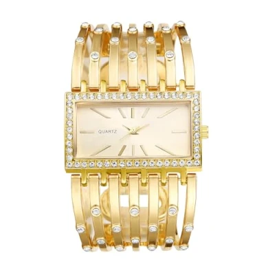 Image of JewelryWe Women Iced Out Watch: Rectangular Bracelet Watches Rhinestone Analog Quartz Gold Sliver Adjustable Elegant Gifts for Girlfriend Mother Wife