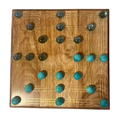 Image of Nine Mans Morris marble game with wooden board Quirky strategy solitaire includes 20 glass marbles and 20cm x Mill Traditional