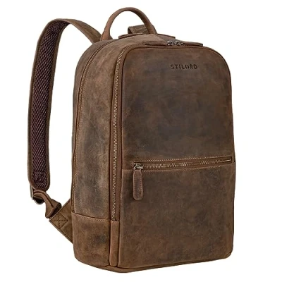 Image of STILORD &#039;Kellis&#039; Backpack Laptop Leather Large Vintage Daypack für 15 inch Notebook DIN A4 Documents for School Business Rucksack in Genuine Leather, Colour:Middle Brown
