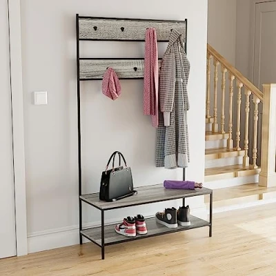 Image of Vida Designs Brooklyn Hallway Unit Coat Rack Stand Hall Tree Shoe Bench Shelves Hooks (Grey)