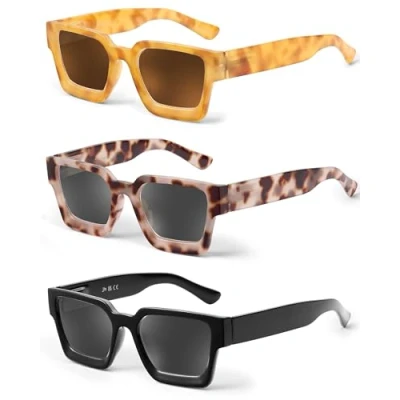 Image of JM 3 Pack Square Reading sunglasses, Fashion Sun Readers for Women Men Full Lens Spring Hinges +0.0