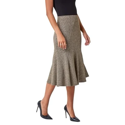 Image of Roman Originals Flared Skirt for Women UK Ladies Flute Peplum Textured Fit &amp; Flare Pencil Jersey A Line Midi Pleated Elasticated Waist Pull On Work Occasion Office Camel Size 18