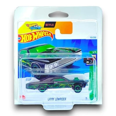 Image of Hot Wheels Layin&#039; Lowrider (Black &amp; Green) 3/5 HW Reverse Rake 2024 113/250 (Short Card) COMES IN A GENUINE KLAS CAR KEEPER PROTECTOR CASE HTB91
