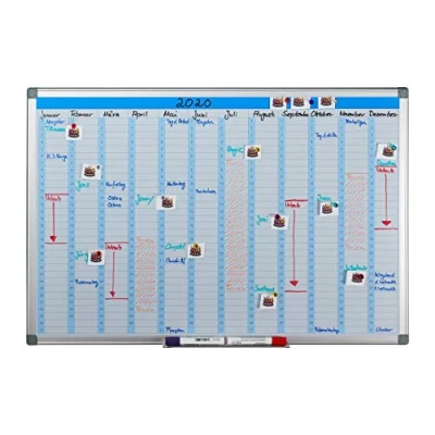 Image of Relaxdays Magnetic Whiteboard, Annual Planner, for Walls, Wipeable, Planning Board with Pen Tray, Memo 60 x 90 cm, White