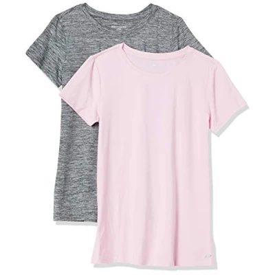 Image of Amazon Essentials Women&#039;s Tech Stretch Short Sleeved Crew Neck T Shirt (Available in Plus Size), Pack of 2, Grey Space Dye/Light Pink, S