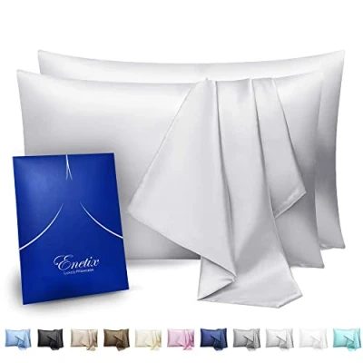 Image of Enetix Silk Satin Pillowcase for Hair and Skin, 2 Pack with Gift Package, Acne Free Hidden Zipper Pillow Cover (Standard (50 x 75cm), Silver)