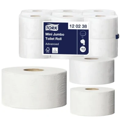 Image of 12 x Mini Jumbo Toilet Tissue Rolls T2 Advanced 2 Ply Soft White 170m