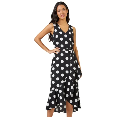 Image of Roman Originals Women Spot Print Frill Hem Midi Dress Ladies Spring Everyday Summer Evening Vacation Work Holiday Sleeveless Smart Casual Black Size 12