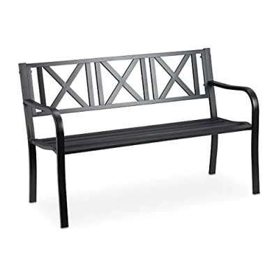 Image of Relaxdays Garden Bench, 2 Seater Terrace, Balcony, Solid Steel, Pretty Stable 80.5 x 127 63 cm, Black