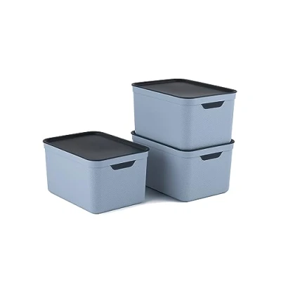 Image of Rotho Jive Dekobox Set of 3 storage boxes 16l with lid, Plastic (PP recycled), blue/anthracite, 3x16l (37.5 x 27.8 29.8 cm)
