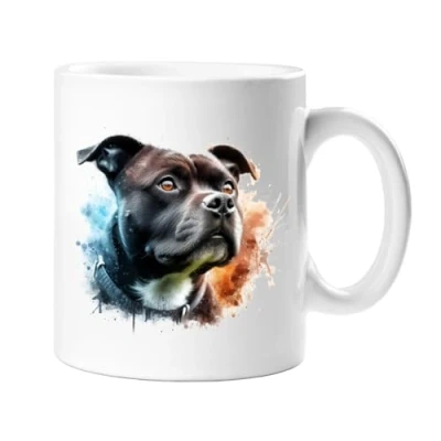 Image of Staffordshire Bull Terrier (Staffy) Dog Watercolour Splash Effect Gift 10oz Ceramic Mug Artistic Colourful Coffee Tee