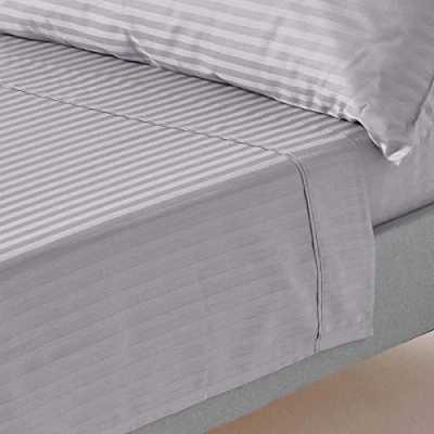 Image of HOMESCAPES Grey Pure Egyptian Cotton Flat Sheet King 330 TC 500 Thread Count Equivalent Satin Stripe Bed
