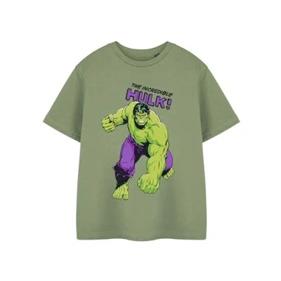 Image of Marvel Kids Boys Sleeved T Shirt in Khaki The Hulk Graphic Tee for Short Sleeve Comics Apparel Green Logo Superhero Movie Merchandise Gift Children &amp; Teens