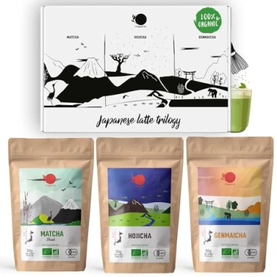 Image of ORIGEENS Matcha Latte TRILOGY GIFT SET 3 * 50g Powder of : Organic Tea, Hojicha Genmaicha for Tea