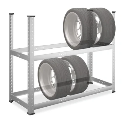 Image of Relaxdays Car Rack, for 8 Tyres, 102 x 124 48 cm, Garage Shelf, 100kg, Galvanised Steel, Plug in System, Silver, 11 9 cm