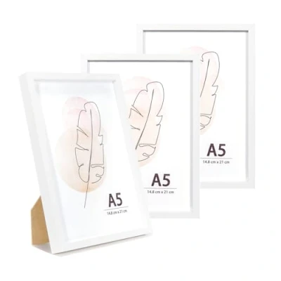 Image of KAIWIN A5 Picture Frame White Set of 3, Wooden Poster Frame, 14.8x21 cm Frames for Tabletop and Wall Mounting Display Home, Office,Gallery,Holiday with Photos, Posters