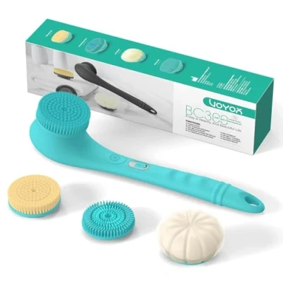 Image of VOYOR Electric Body Brush Back Scrubber Two Way Rotating Head 4 Accessories for Whole Body, Rechargeable Cordless IPX6 Waterproof Exfoliating Brush, Long Handle Bath BC300 (Blue)