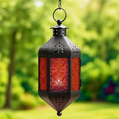 Image of Red Glass Hanging Moroccan Candle Lantern with Chain