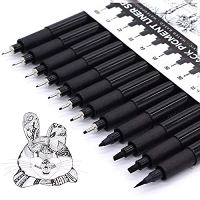 Image of TWOHANDS Set of 12 Fineliner pens, Fine Point Ink Pigment Technical Drawing Black, Waterproof, for Art Watercolor, Sketching, Anime, Manga, Scrapbooking, 902188