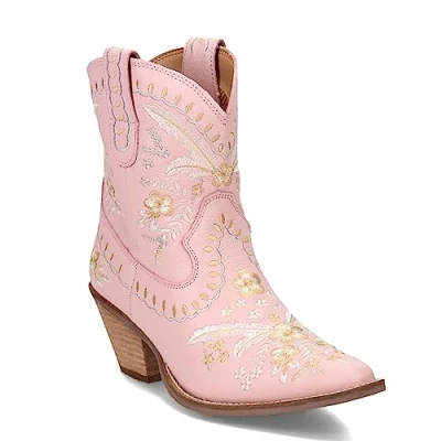 Image of Dingo Womens Primrose Embroidered Floral Snip Toe Casual Boots Ankle Mid Heel 2 3&quot; Black, Pink, 6 UK